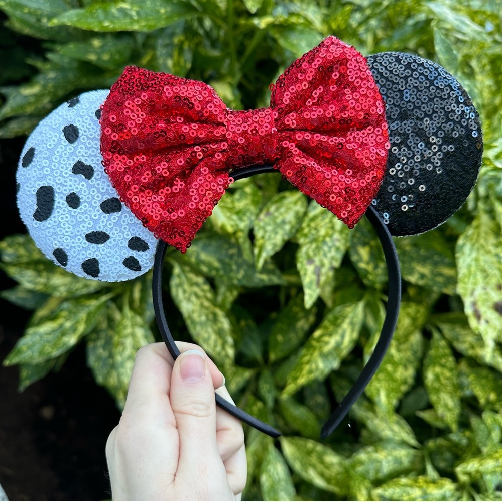 NEW Dalmatians Cruella Disney Movie Theme Sequin Mouse Ears Headband Polka Dot